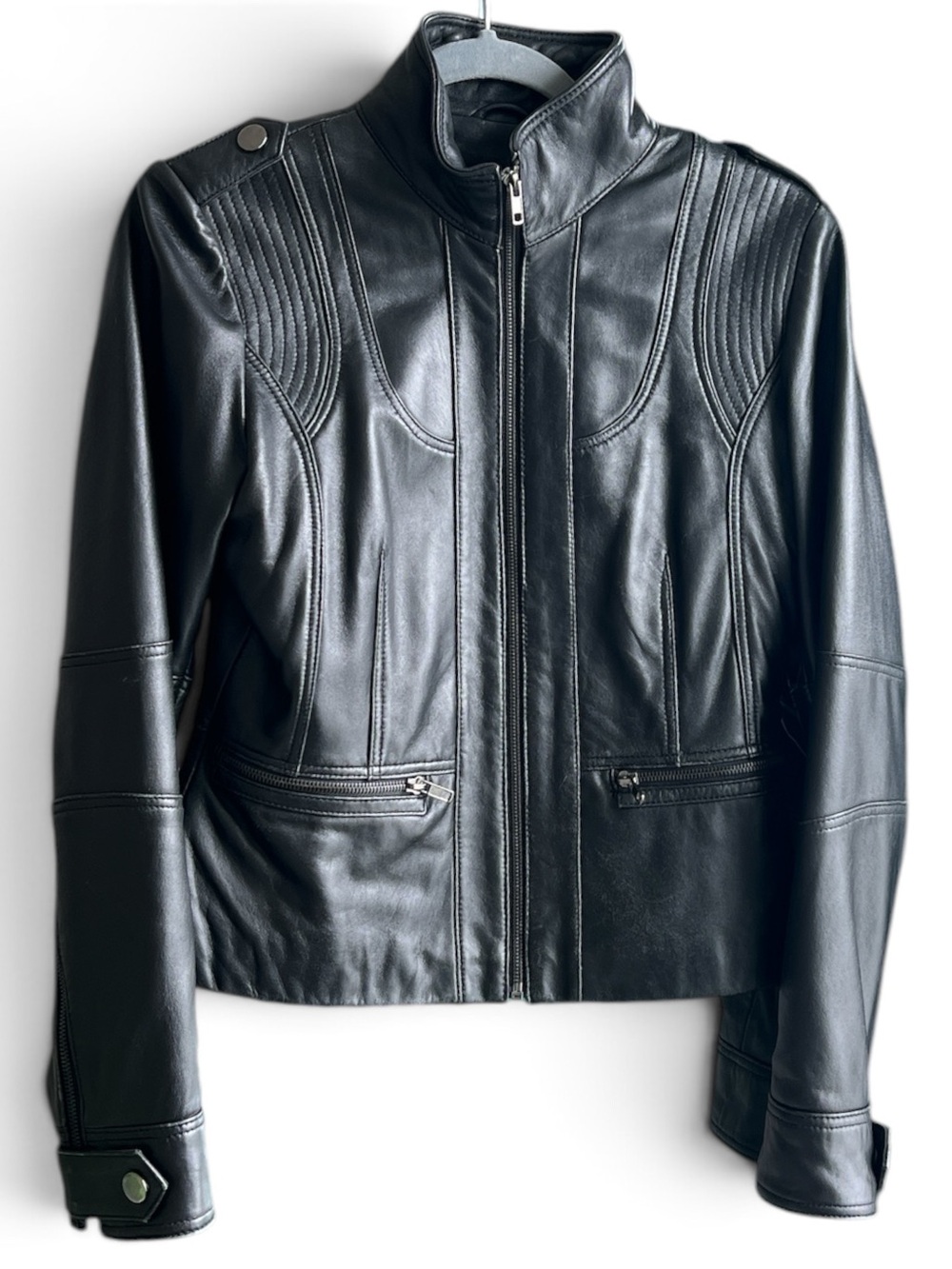 Kenneth Cole Reaction Women’s Black Genuine Leather Moto Jacket, Size Small